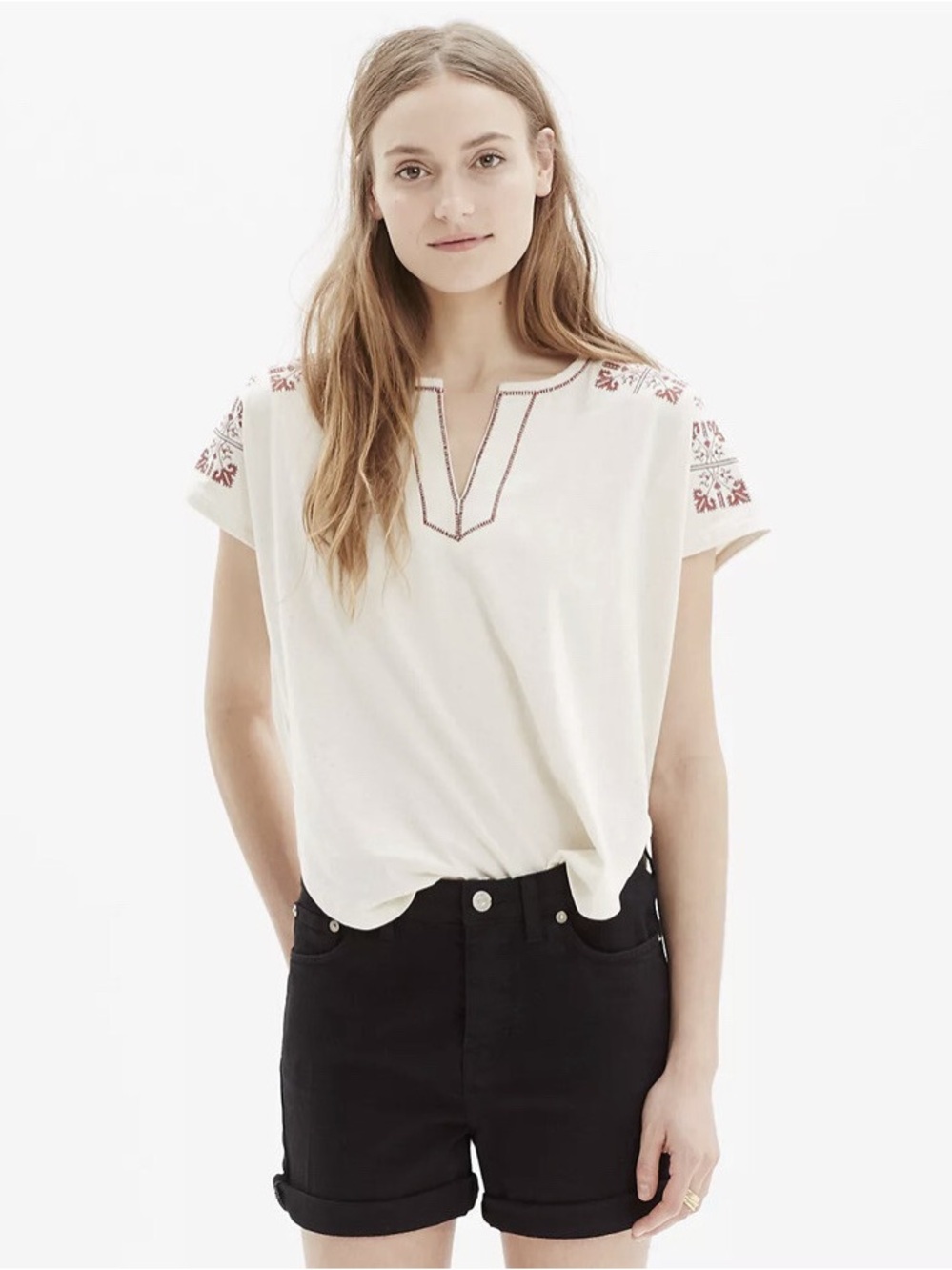 Madewell Ivory Short-Sleeve Tee with Red Embroidery